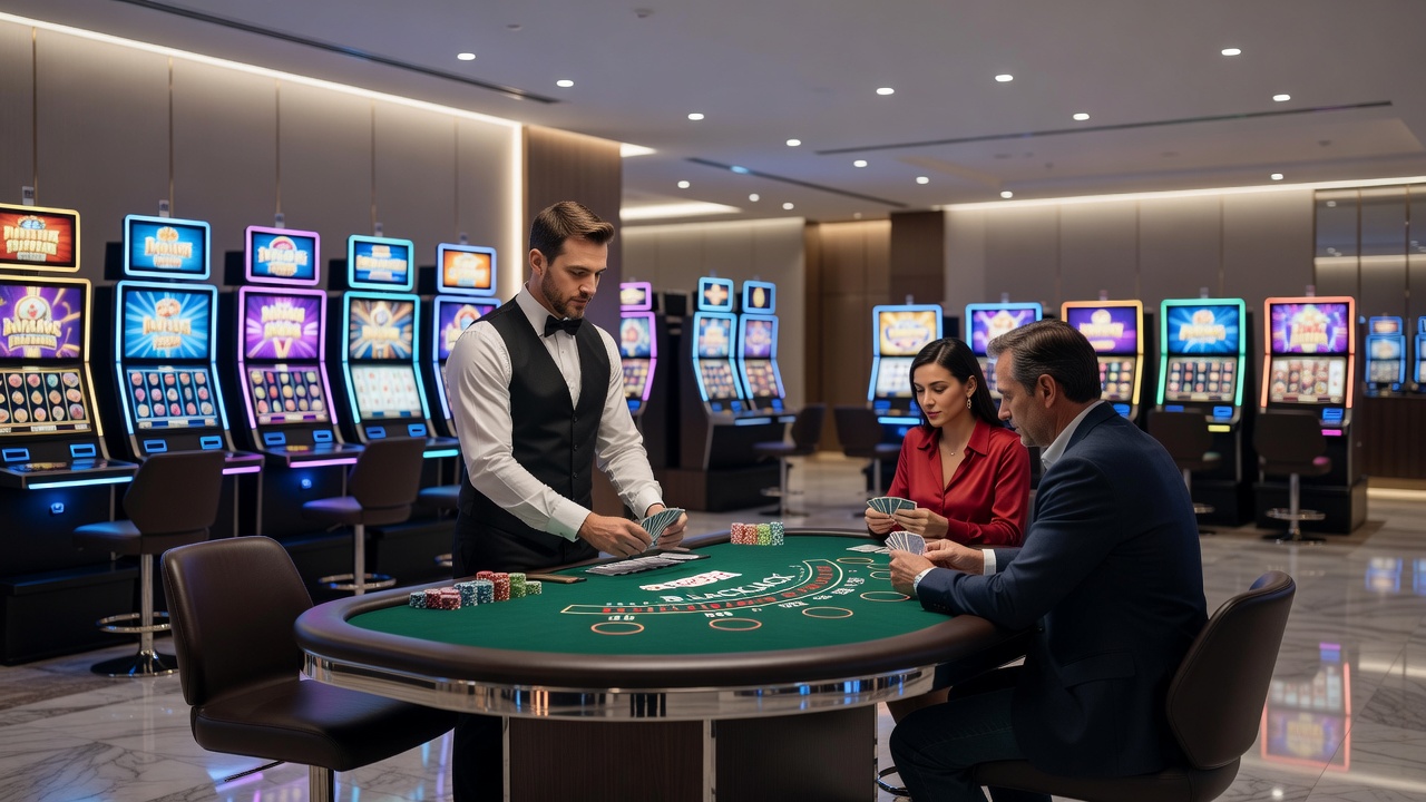 Close-up view of digital slot machines and live dealer interfaces in operation