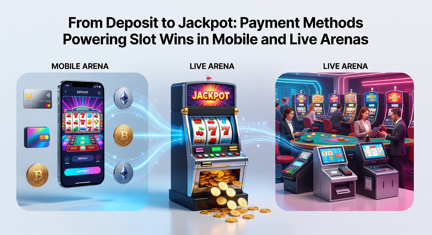 Dynamic graphic of a live casino table with slot jackpot meter rising, overlaid with payment method logos like crypto wallets, e-wallets, and instant transfer icons