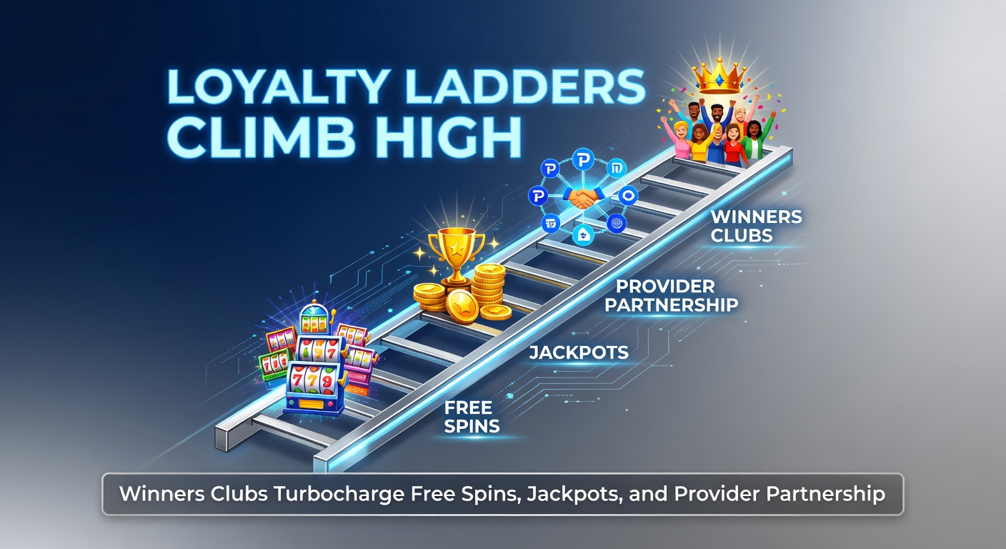 A winners club dashboard on a mobile screen displaying jackpot meters, free spin counters, and provider logos in a luxurious digital lounge setting